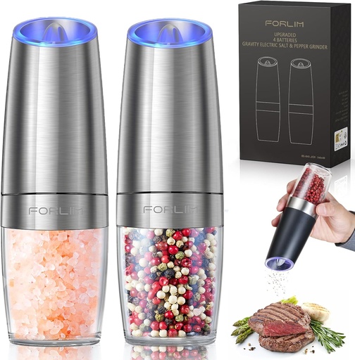 FORLIM Electric Salt and Pepper Grinder Set, Upgraded 4 Batteries, Automatic Pepper Grinder with LED Light, Adjustable Coarseness One Hand Operation, Stainless Steel,2 Pack (Sliver)